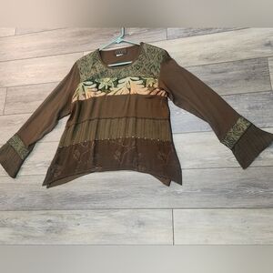 Spencer Alexis Vintage Women's Brown and Green Tunic Top With Bell Sleeve Size 4